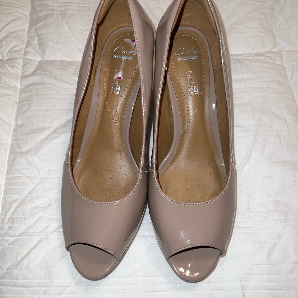 Clarks Women's Patent Peep Toe Heels - Taupe